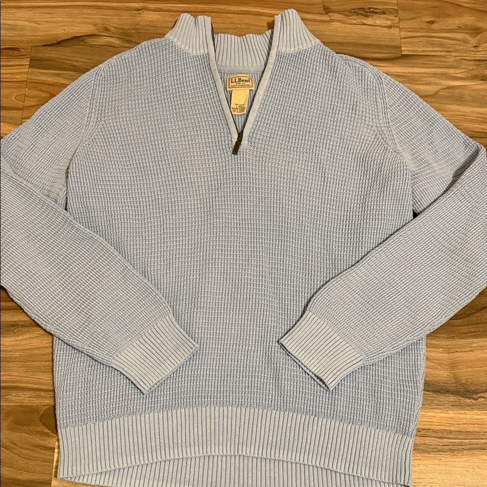 LL Bean Sweater Men’s L Organic Cotton Waffle Knit Quarter Zip Blue Cabincore